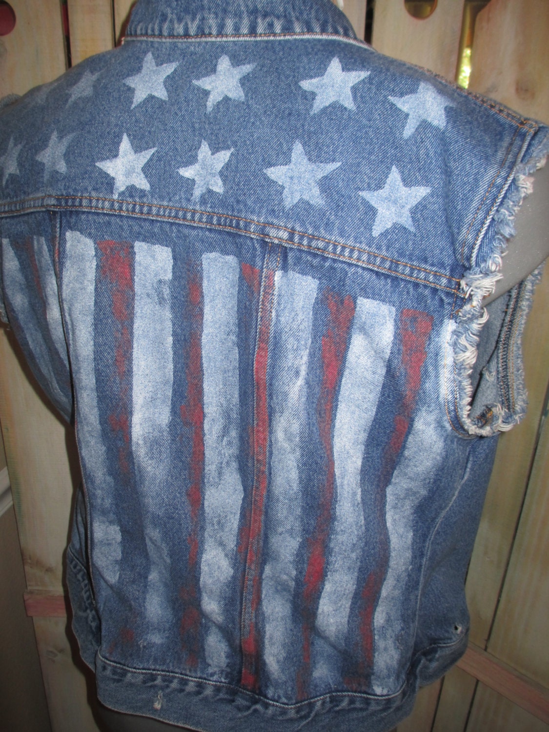 Jean Jacket Vest....Hand painted American flag stars and