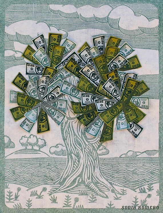 Money Tree Print Linocut Blockprint Paper Art 