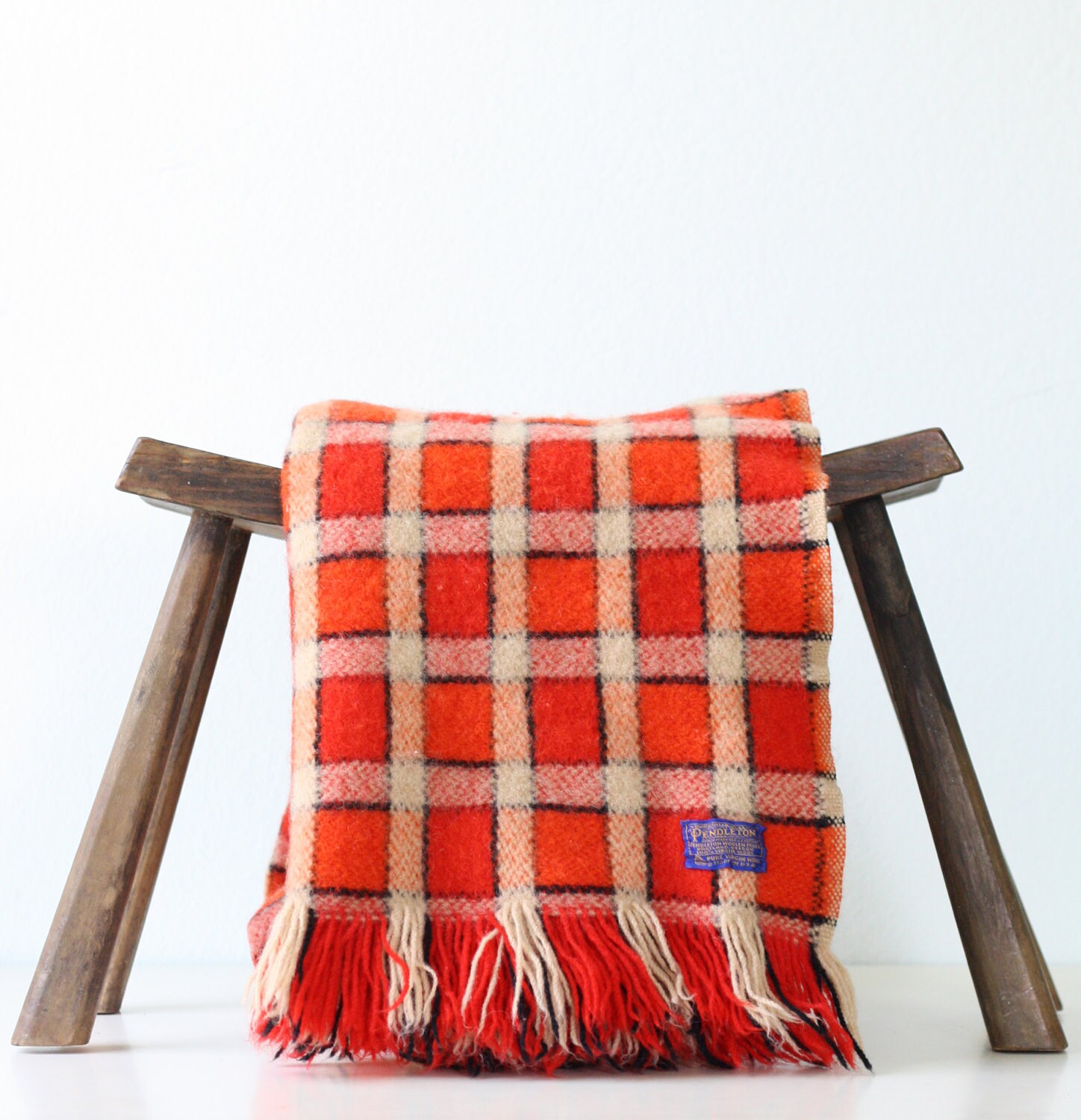 Vintage Pendleton Blanket Orange Red and Black Plaid