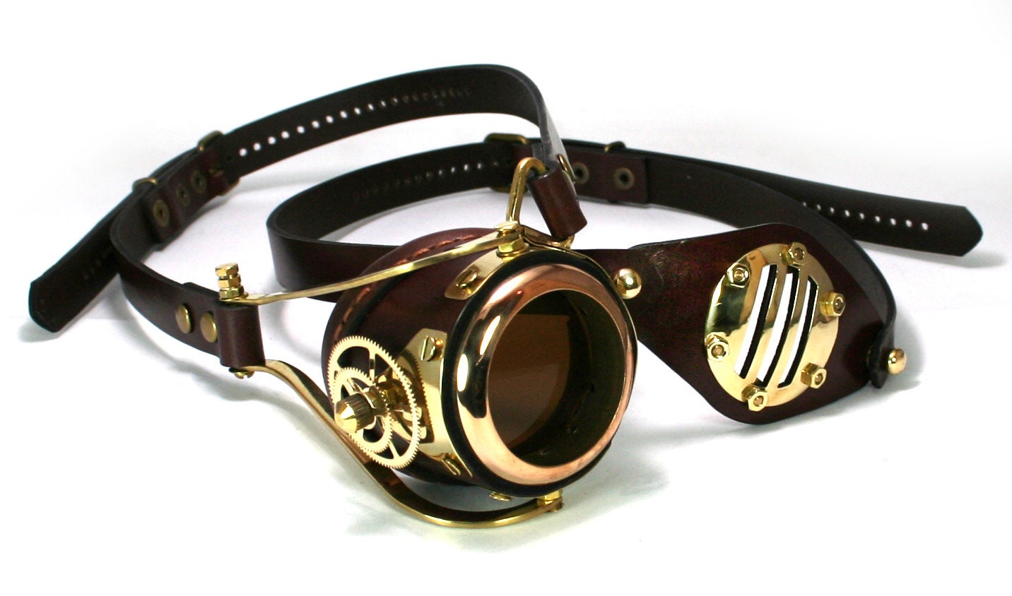 STEAMPUNK MONOGOGGLE and EYEPATCH brown leather polished brass gears Flex Solid Frame O steampunk buy now online
