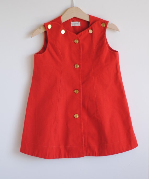 Vintage 1960's Toddler Girl Jumper Dress Red GOLD