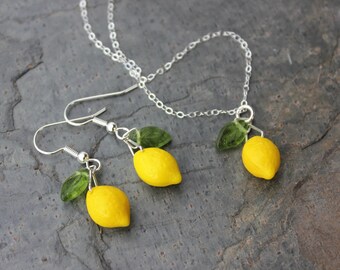 Lemon Grove Necklace and Earring Set - cute bright yellow glass lemons and tiny green glass leaves on sterling silver -Free Shipping USA