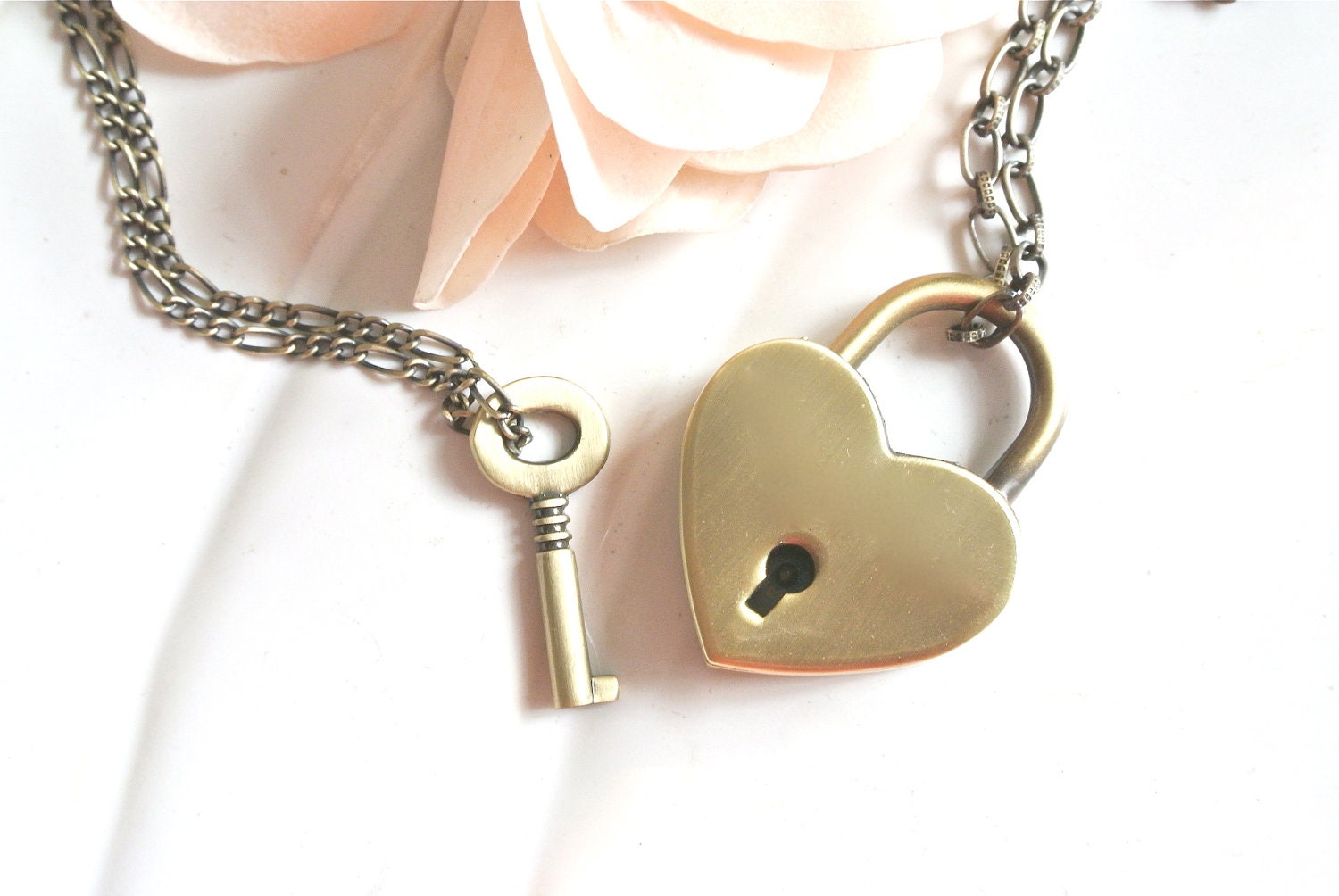 Brass Heart Shape Lock Necklace. Usable Lock by NineMuseJewelry