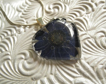 Midnight Blue Daisy Real Pressed Flower Glass Heart Pendant-Symbolizes Loyalty-Innocence-A Loyal Heart-Gifts Under 25-Nature's Wearable Art