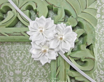 White Flower Headband, Snow White Flower Trio w/ Pearls Headband, The Emily, Baptism, Christening, Wedding, Baby Toddler Child Headband