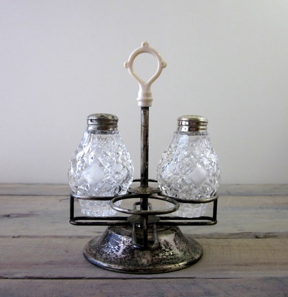 Vintage Silver Plate Cruet Holder with Crystal Salt and Pepper