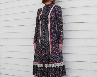 Vintage 70s Gunne Sax Dress Floral Print Blue Prairie Country Boho XS XXS