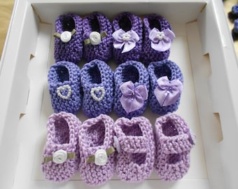 BEST SELLER Girl baby shower decorations: 4 pairs hand knit mini booties - 2 inches - shades of lavender/ lilac/ purple - decoration size