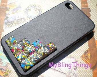 Silver Multi Color Splatter Pyramid Studs on Natural Black Case Cover for Apple iPhone 4 4G 4S AT&T Verizon Sprint