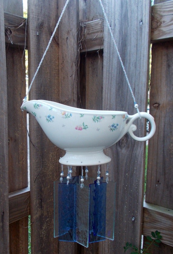 Items similar to Gravy Boat Repurposed and Upcycled into a Windchime with Stained Glass Chimes