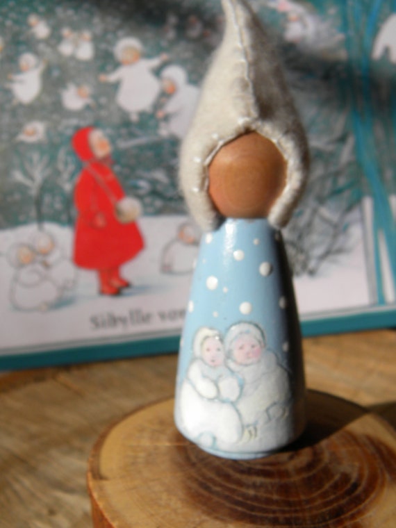 Waldorf Snow Children Peg Doll Story Doll Hand painted Wool