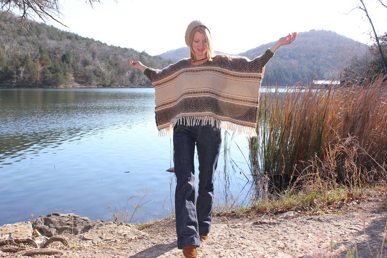 Quality Felted Wool Blanket Poncho Sweater in Ethnic