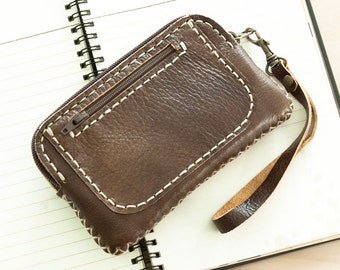 SALE, Handmade Leather Wallet, Hand Sewn Leather Case/ Wristlet Pouch in Dark Brown