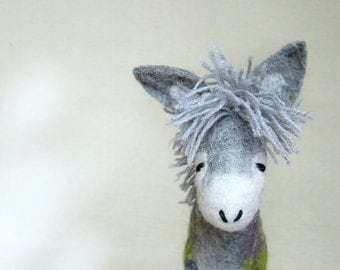 Felt Donkey - Grey Birger. Art Toy. Felted Stuffed Waldorf style Marionette Puppet Handmade Farm Animals Toys. grey green gray.