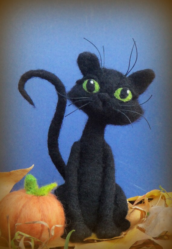 Black Cat Needle Felted Cat and Pumpkin Halloween Kitty