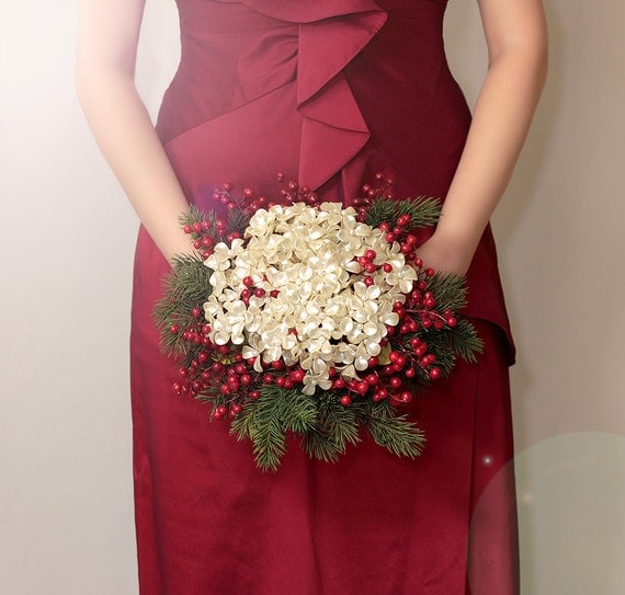 Christmas Bouquet - Winter Wedding Holiday Bridal Bouquet with Pearl Flowers - Wedding Bouquets - Great Brooch Bouquet Alternative