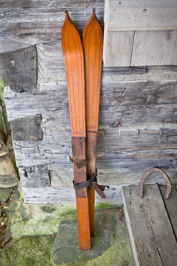 Vintage Children's Wooden Viking Snow Skis made in usa