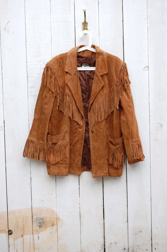 Vintage Tan Suede Leather FRINGE Jacket Mens Womens 70s