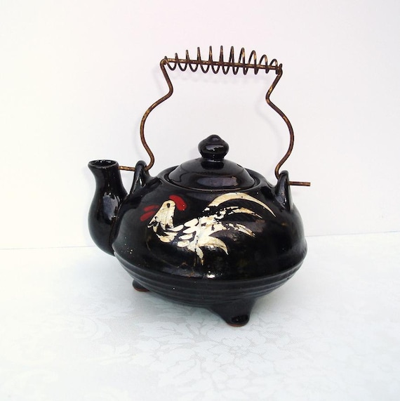 Vintage Brown Teapot Hand painted Rooster Japan Tea Pot Mini