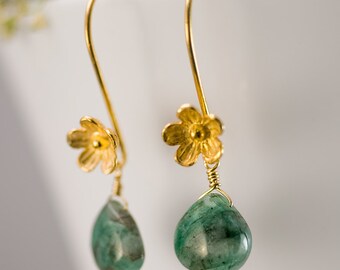 May Birthstone Earrings - Raw Emerald Earrings - Gold Earrings - Flower Earrings