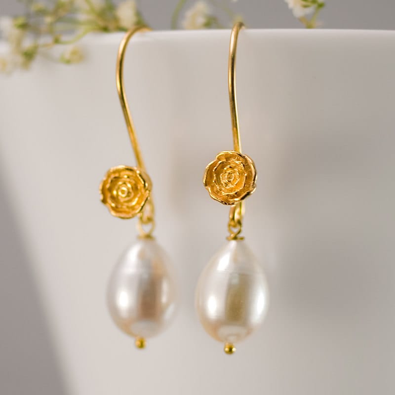 White Pearl Bridesmaids Earrings Gold Dangle Earrings