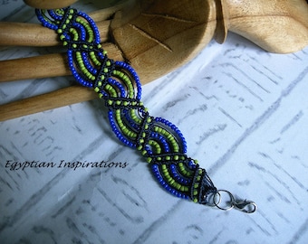 Micro macrame bracelet in blue and lime green. Macrame jewelry.