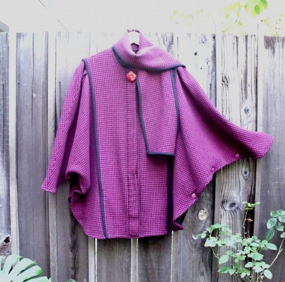 Radiant Orchid Vintage Wool Hounds-tooth Draped Cocoon Cape Coat Scarf Collar Batwing Jacket