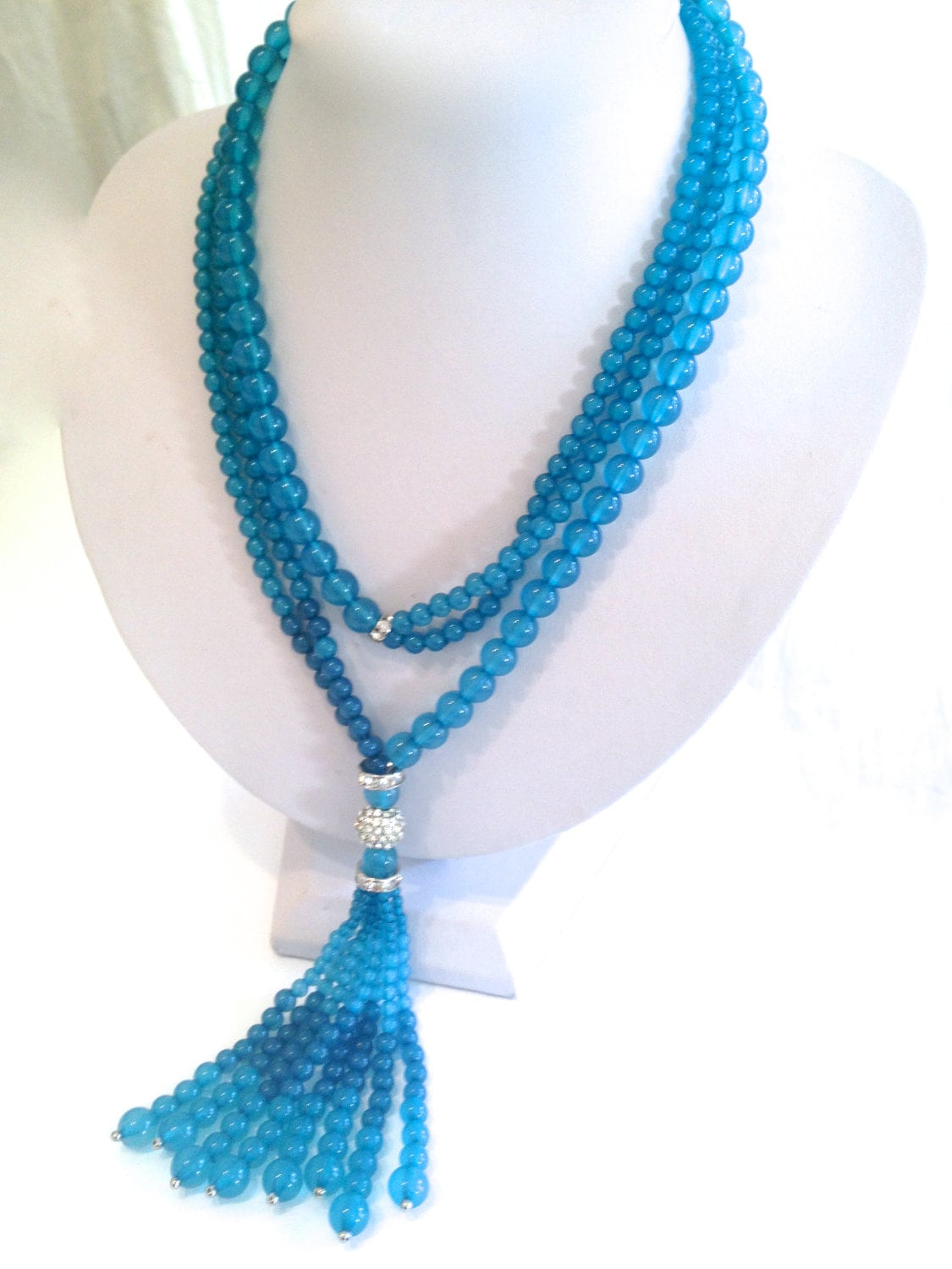 Long Blue Crystal Tassel Necklace