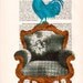 Blue rooster on golden sofa -Original Illustration-Art Print-Art Poster-Hand Painting Mixed Media-Art Dictionary Decors Victorian Art Deco