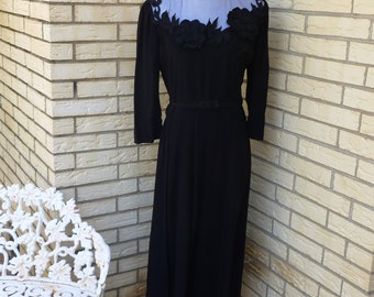 1940s Little Black Dress Floral Applique Sheer Evening Gothic Goth Womens Vintage Medium SALE
