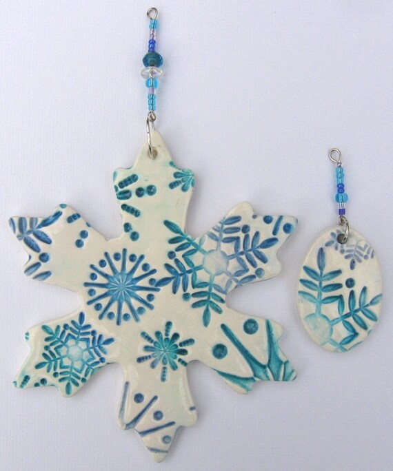 CLEARANCE: Turquoise, Blue and Periwinkle Snowflake Handmade Polymer Clay Christmas Ornaments, Set of 2