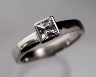 White Sapphire Engagement Ring, Princess Cut Bezel Solitaire Ring in Palladium, Yellow or White Gold, Diamond Alternative