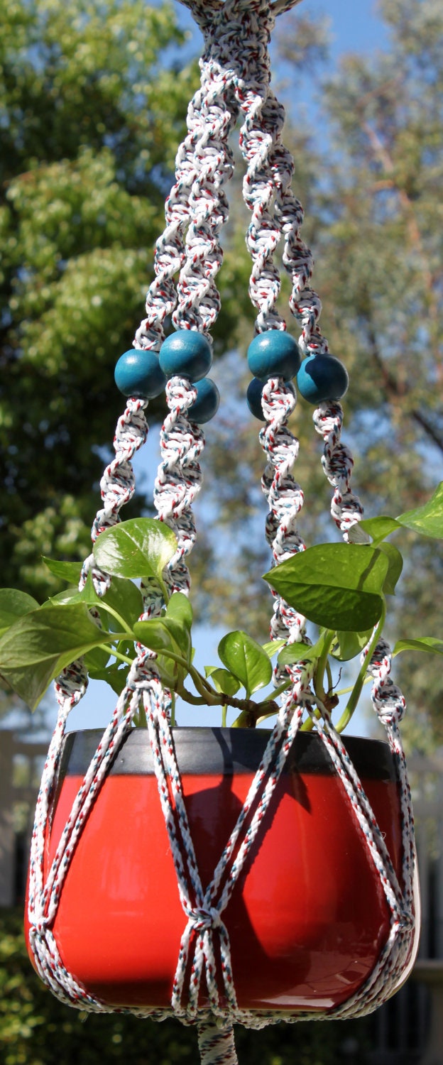 Double Macrame  Plant  Hanger  Holder with Wood Beads  DUETTE