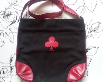 Vintage 70s Unusual Black & Red Handbag with Shoulder Strap Leather and Canvas Gothic Punk