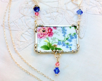 Necklace, Broken China Jewelry, Broken China Necklace, Pink and Blue Floral Chintz, Sterling Silver Chain