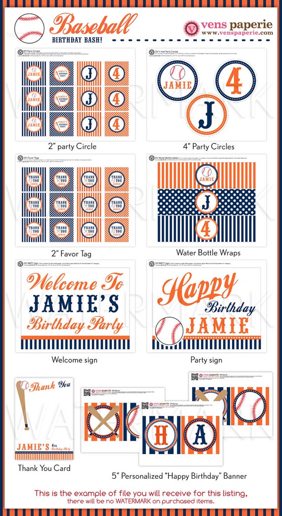 Sport Baseball Navy Orange Birthday Party Package Personalized FULL Collection Set - PRINTABLE DIY - PS804CA2x Il_570xn