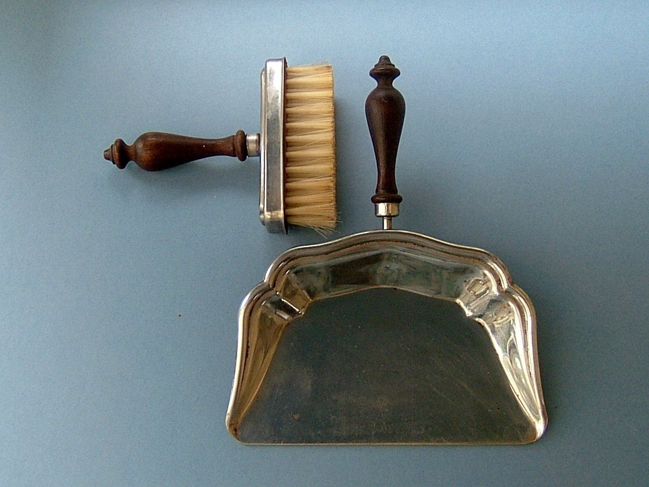 Vintage 1950s Dust Pan and Brush with Turned Wooden Handles