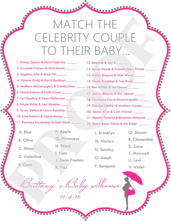 Celebrity Baby Shower Game JPEG File Pink & Gray by