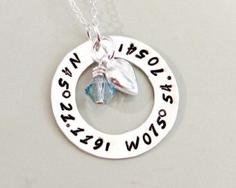 Hand Stamped Latitude Longitude Necklace - Personalized Custom Coordinate Jewelry with Silver Puffy Heart & Swarovski Crystal Pearl