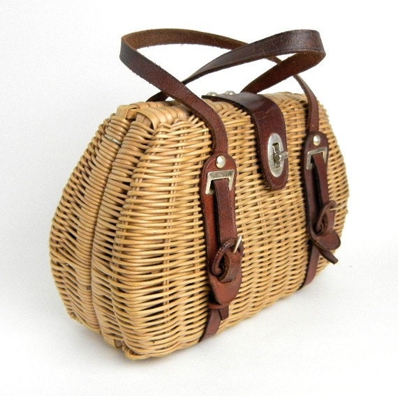 Vintage wicker handbag purse with leather straps and handles