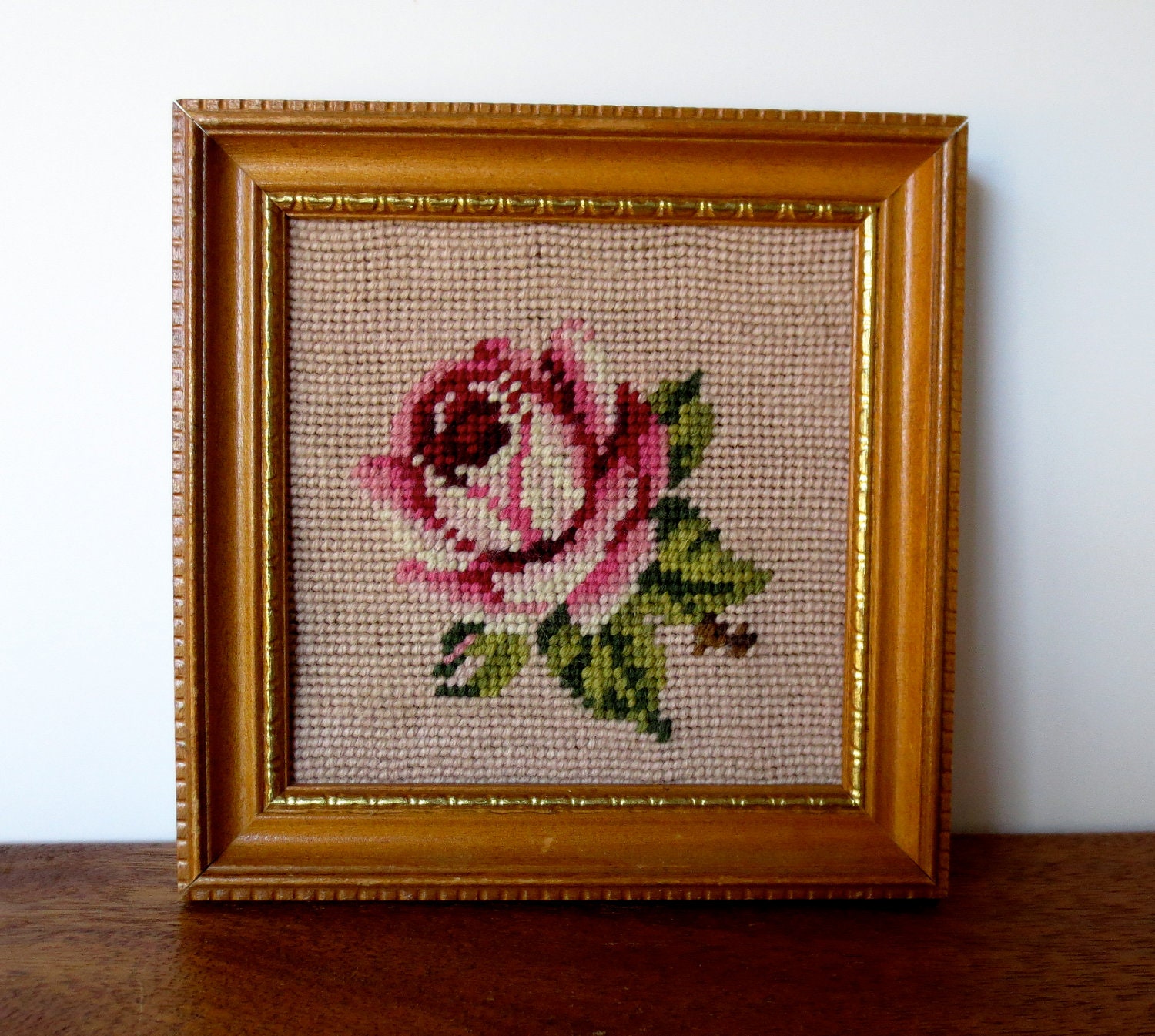 Vintage Needlepoint Rose in Original Frame