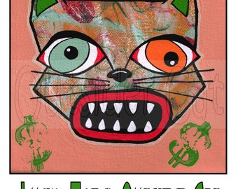 Outsider Folk Art Cat Print, Lucky Money Outsider Cat, Ugly Cute Cat Art, Raw Outsider Art Cat Print, Outsider Cat by Windwalker Art
