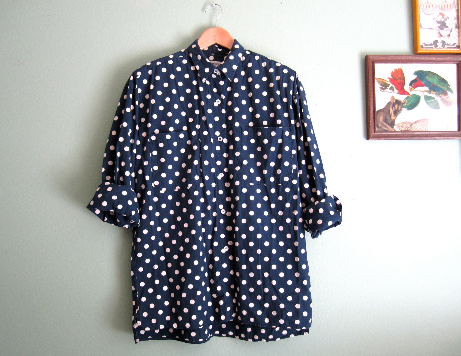 polka dot long sleeve shirt/ navy blue white polka dot blouse/