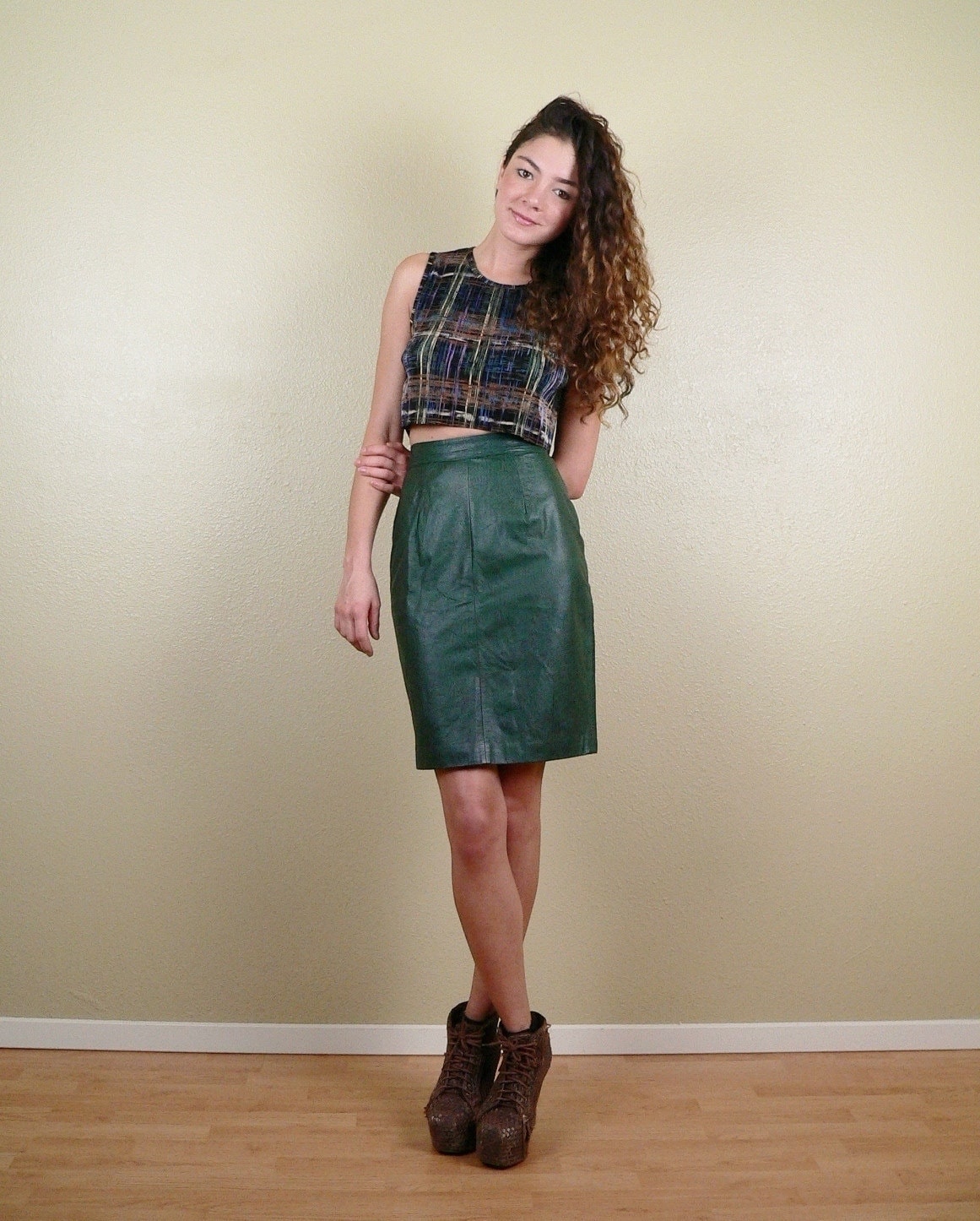 Green Leather High Waisted Pencil Skirt XS