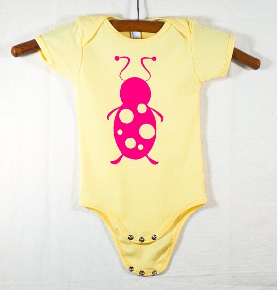 Items similar to Yellow Onesie with Hand Printed Magenta Lady Bug on Etsy