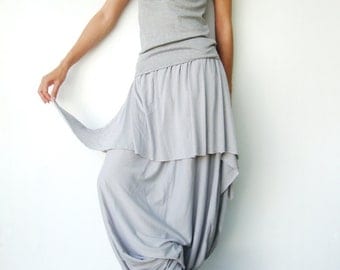 NO.86 Dusty Grey Cotton Jersey Cool Unique Asymmetric Casual Loose Novelty Harem Pants, Trendy Unusual Trousers