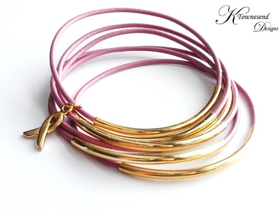 Pink Leather Bangle Breast Cancer Awareness Jewelry Gold