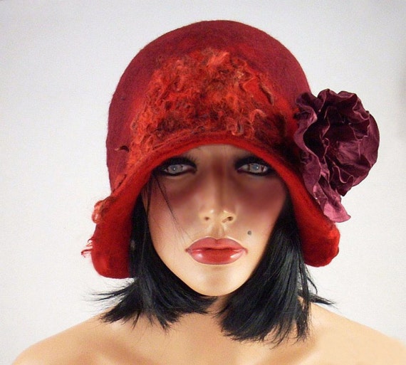 Felted Hat Cloche hat Flapper Hat Red Hat with Brooch Art Hat