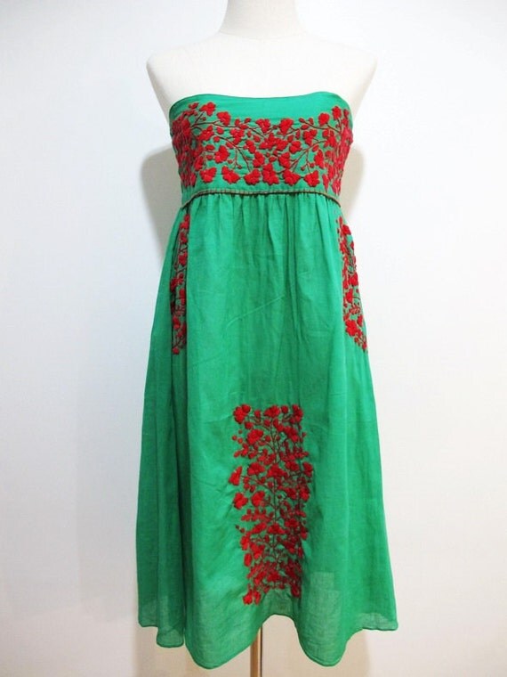 Mexican Embroidered Sundress Strapless In Green With Lining
