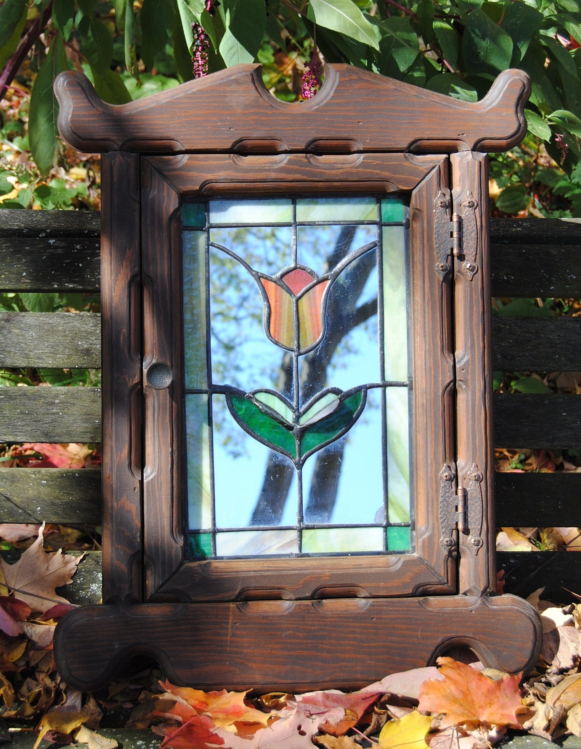 1978 Stained Glass Mirror Wood Handmade Vintage by YPSA